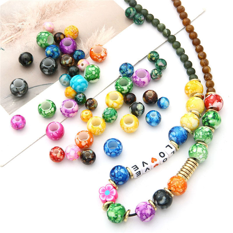 Plating Colorful Ink Painting Acrylic Beads 8-12mm Large Hole Mixed Colors 3