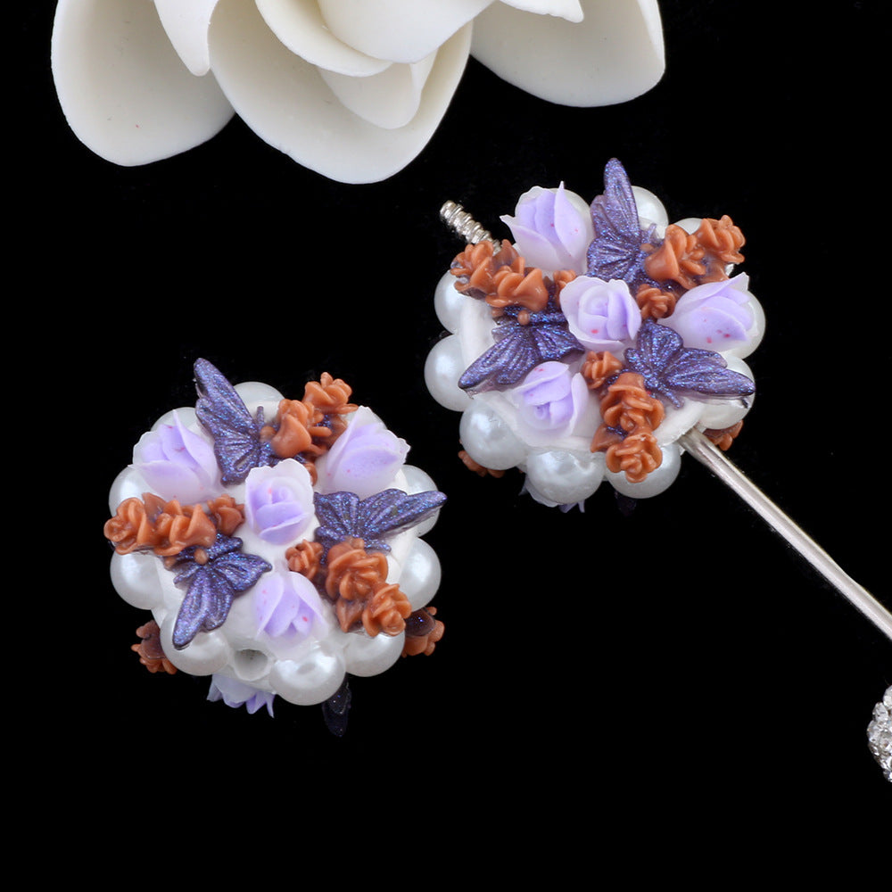 Bouquet Clay Beads 25mm Pearl Wrapped Floral Design 2pcs 13