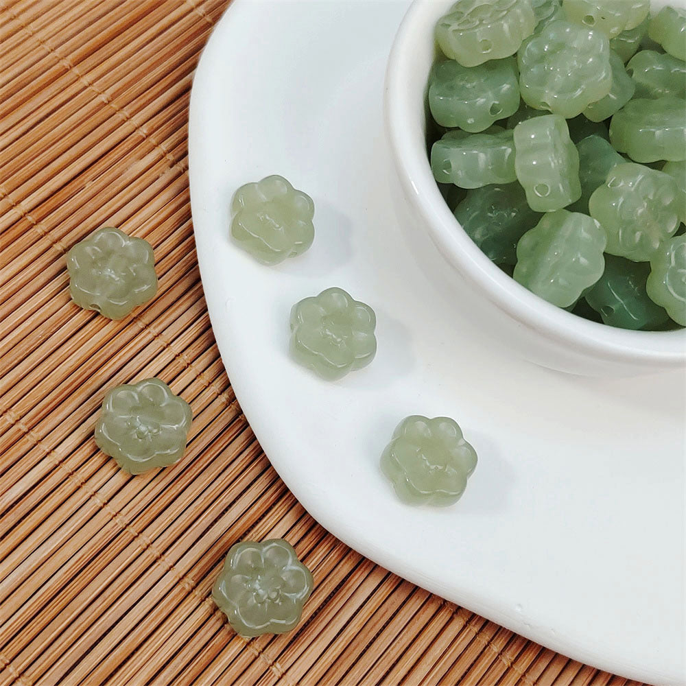 Imitation Jade Six Petal Flower Resin Beads 12mm Glossy Translucent 10pcs 2