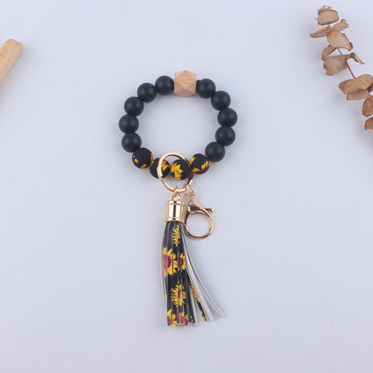 Leopard Print Silicone Bead Tassel Wristlet Keychain 8