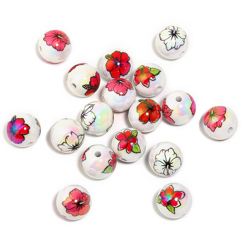 UV Plating Round Acrylic Beads 16mm Valentine Day Camellia Print 50pcs 5