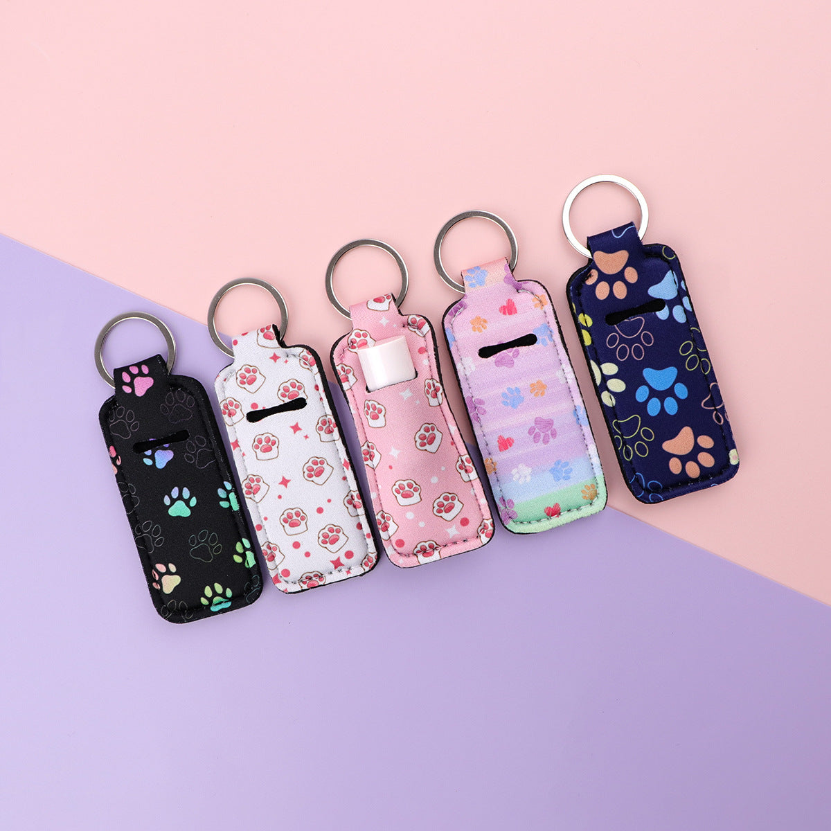 Paw Print Chapstick Holder Neoprene Functional Keychain 3pcs