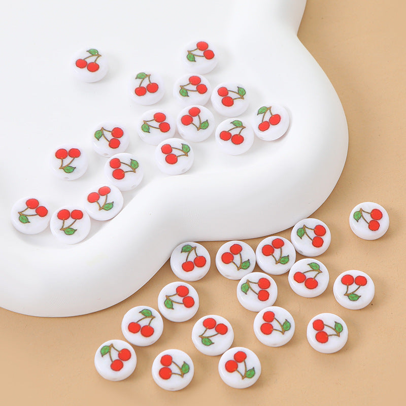 Fruit Series Printed Acrylic Flat Beads 11mm Cherry Design 100pcs