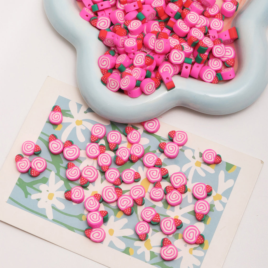 Flat Clay Beads 11mm Strawberry Cake Pink Swirl 100pcs 4