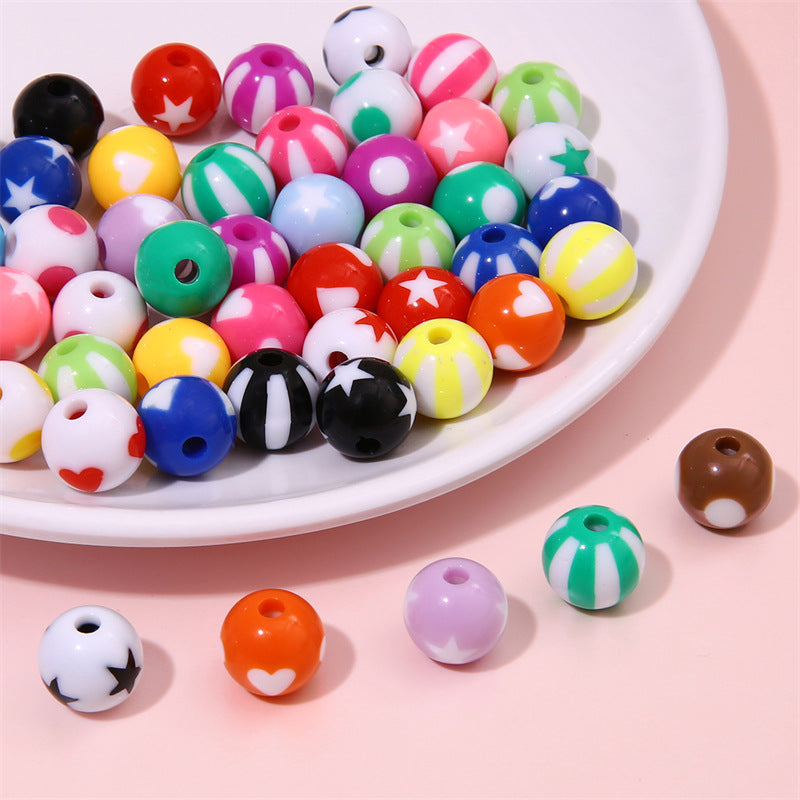 Heart Round Acrylic Beads 12mm Colored Striped Printed 10pcs 3