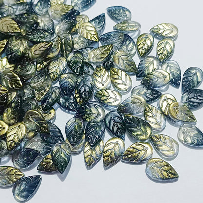 Czech Glass Beads Leaf 18mm Dark Blue Gradient Gold Shimmer 100pcs 11