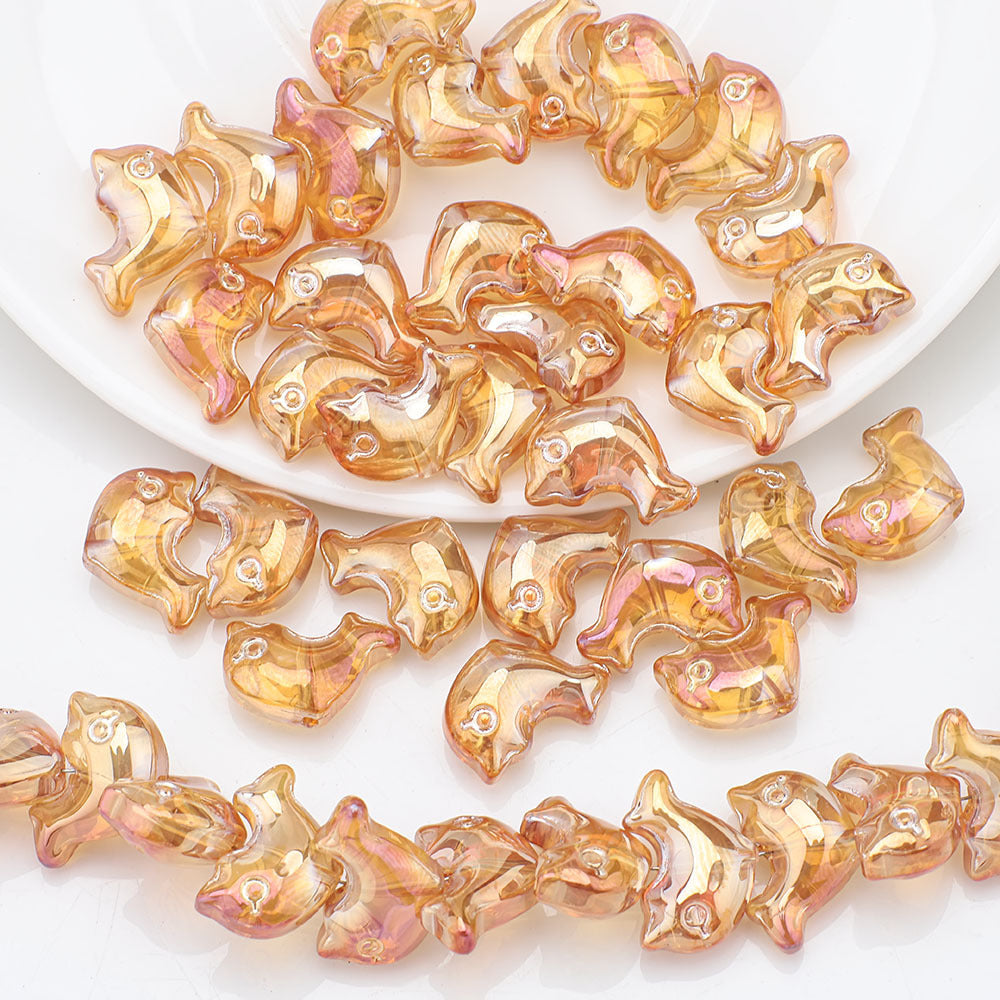 Plating 3D Dolphin Glass Beads 11x16mm Iridescent Colors 30pcs 14