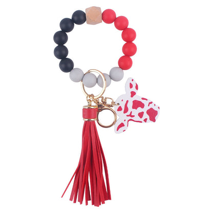 Western Cow Silicone Bead Wristlet Keychain with Faux Leather Tassel 11