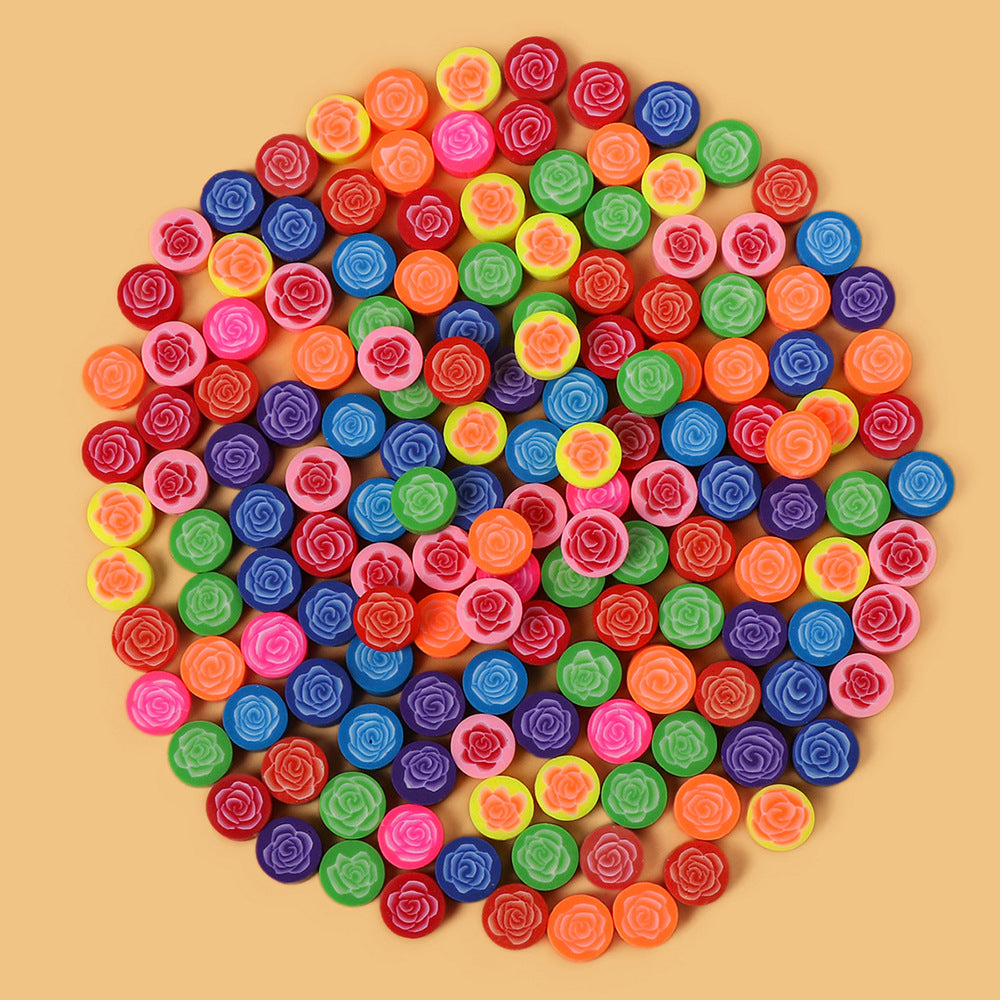 Flat Flower Clay Beads 10mm Colorful Rose Pattern Polymer 100pcs 4