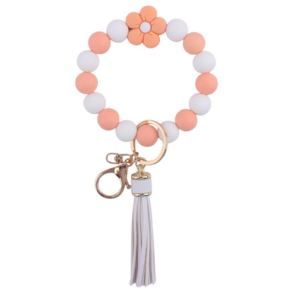 Colorful Flower Silicone Bead Wristlet Keychain with Leather Tassel 10