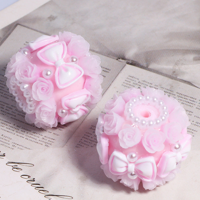 Floral Bubblegum Beads 20mm Bow Rose Cluster Polymer Clay 5pcs 11