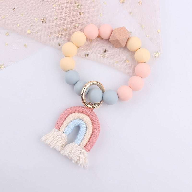 Rainbow Tassel Silicone Bead Wristlet Keychain Pastel Colors 6