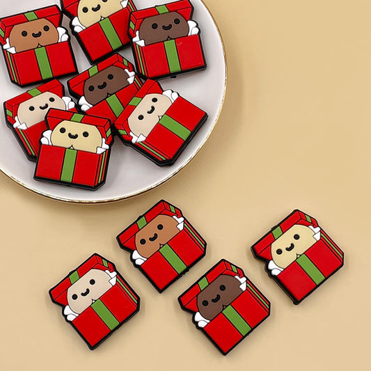 Silicone Focal Beads Christmas Gift Box with Playful Faces 20pcs