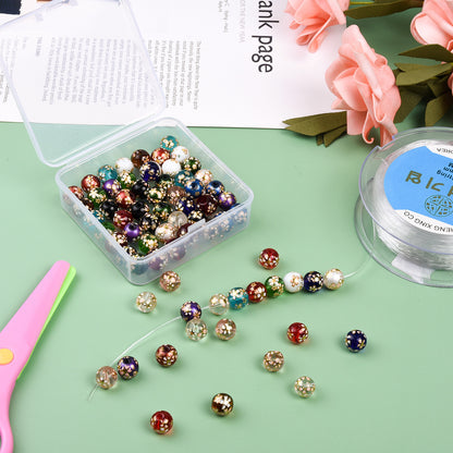 Frosted Round Glass Beads 8-12mm Translucent Gold Floral Design 50pcs 4
