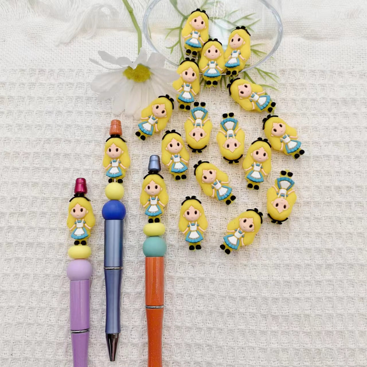 Silicone 3D Focal Beads Little Girl Yellow Hair Black Bow 20pcs