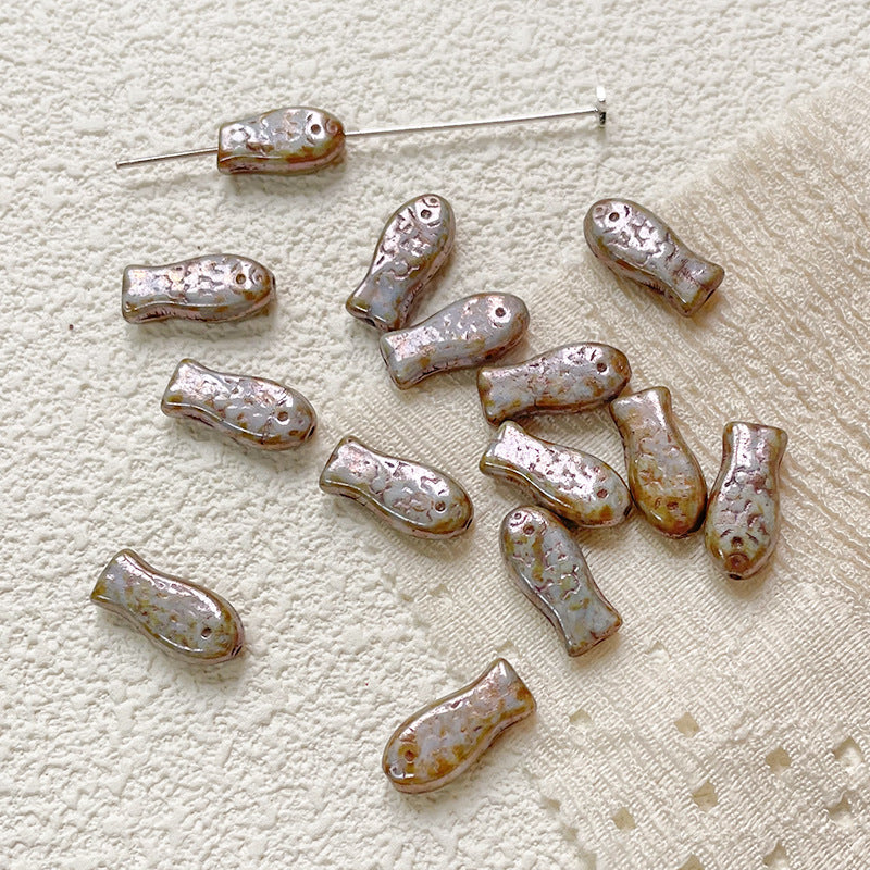 Vintage Gilded Fish Lampwork Glass Beads 7x15mm Pastel Metallic Speckled 10pcs 10