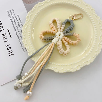 Crochet Flower Keychain Variegated Cotton Cord Pearl Tassels 24cm 11