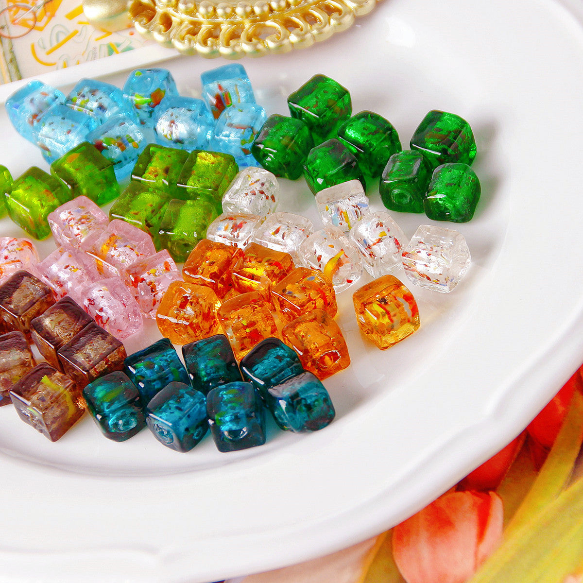 Lampwork Glass Beads Cube 10mm Blooming Colors Glossy 10pcs
