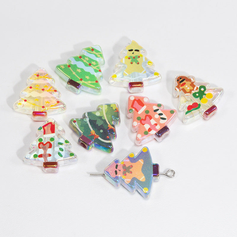 Doodle Christmas Tree Acrylic Beads 20mm Colorful Mixed 10pcs