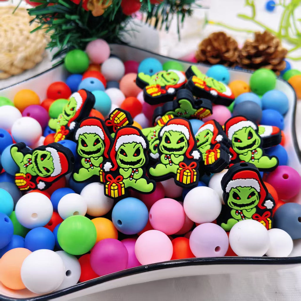 Silicone Focal Beads Christmas Halloween Horror Grinch Holding Gift 20pcs