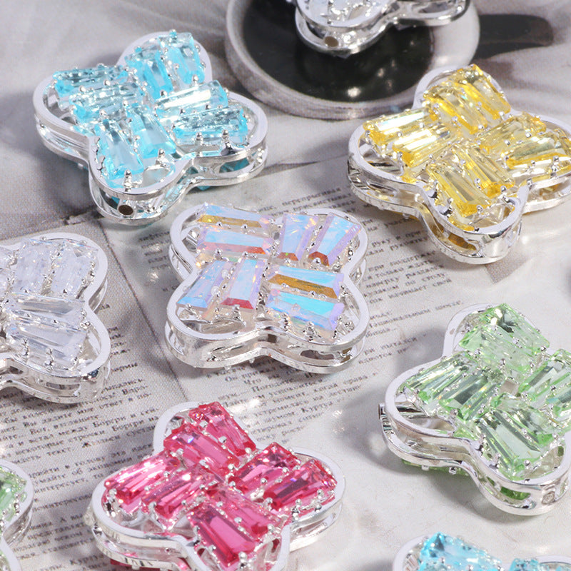 Rhinestone Paved Four-leaf Clover Rhinestone Beads 16mm Alloy 3pcs 4