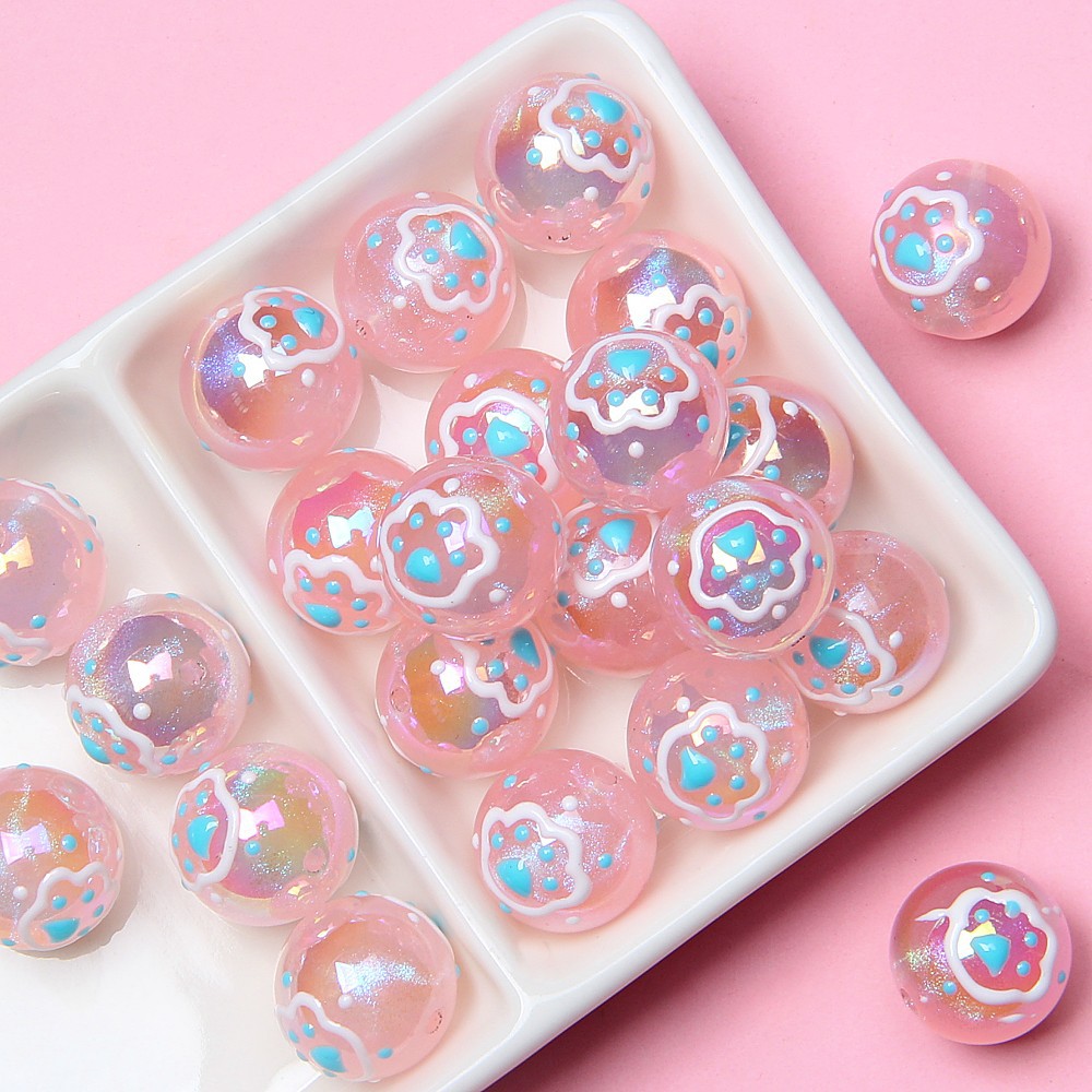 Hand Painted Cat Claw Strawberry Series Acrylic Beads 16mm 10pcs 11