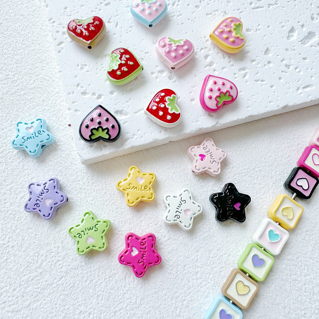 Star and Strawberry Heart Metal Beads Glossy Painted Colorful 10pcs 3