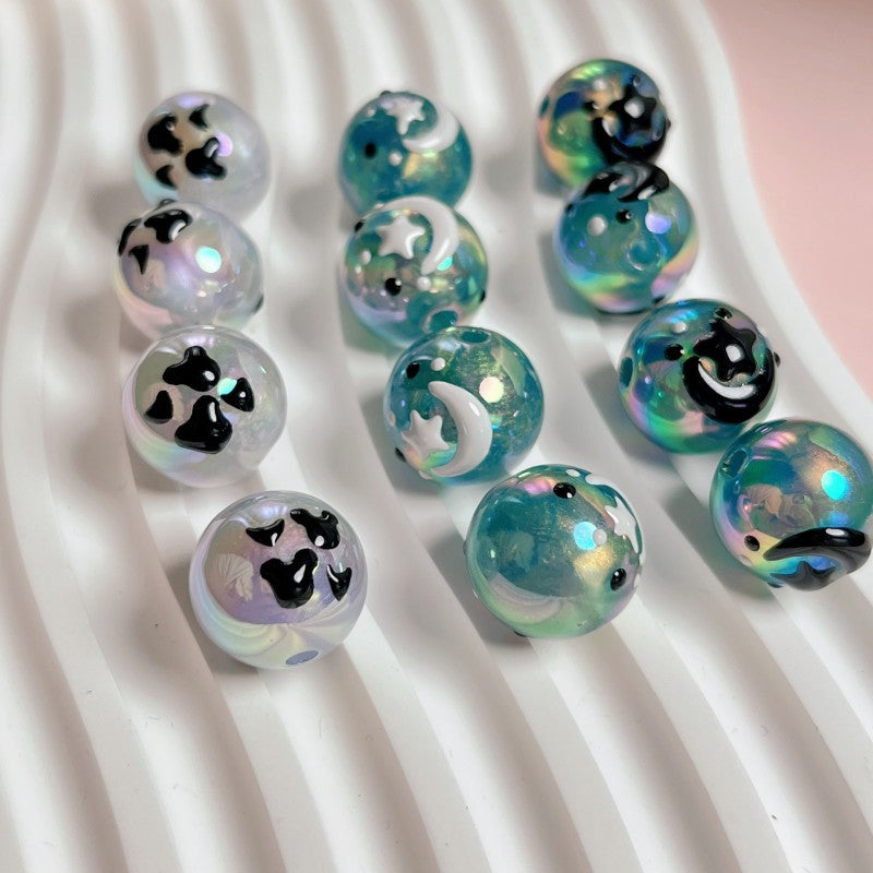 Painted Star Moon Acrylic Beads 16mm Black White Hand Drawn 5pcs 3