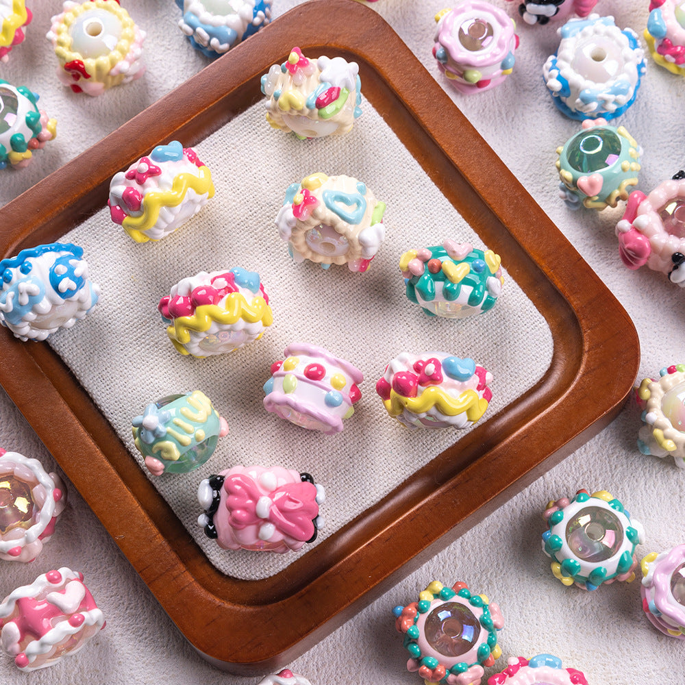 Hand Painted Cake Acrylic Beads 18mm Glossy Pastel Enamel 5pcs 4