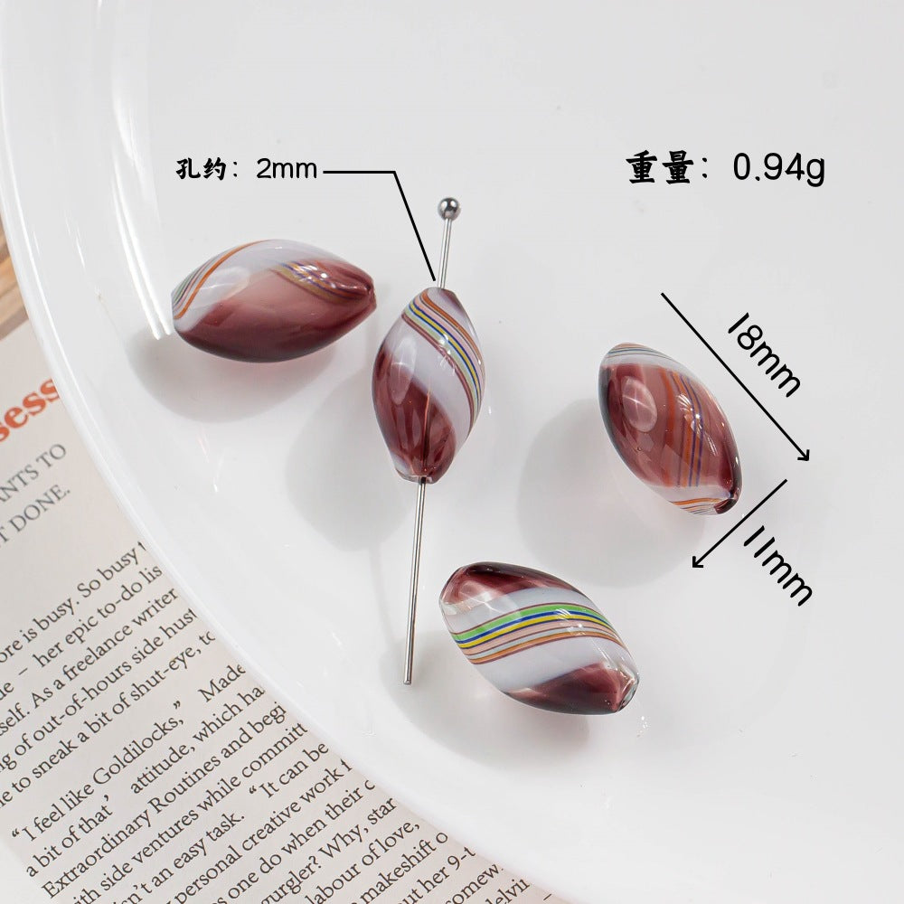 Vintage Pattern Olive Shaped Blown Glass Beads Handmade 4pcs 11