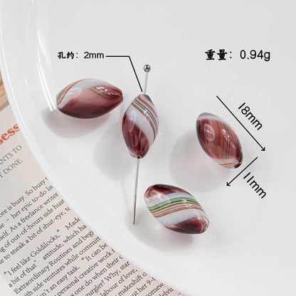 Vintage Pattern Olive Shaped Blown Glass Beads Handmade 4pcs 11