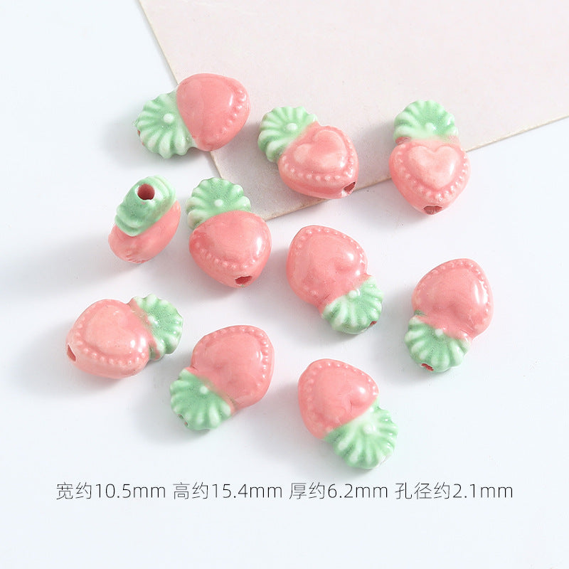 Hand Painted Heart Pineapple Ceramic Beads 15mm Glossy Pastel 10pcs 6