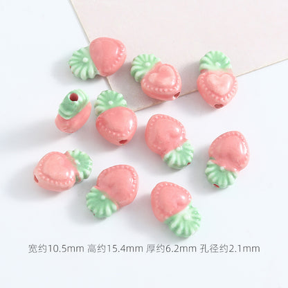 Hand Painted Heart Pineapple Ceramic Beads 15mm Glossy Pastel 10pcs 6