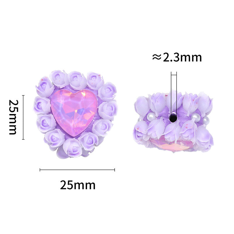 Heart Clay Beads 25mm Tiny Rose Wrapped Rhinestone 10pcs 4