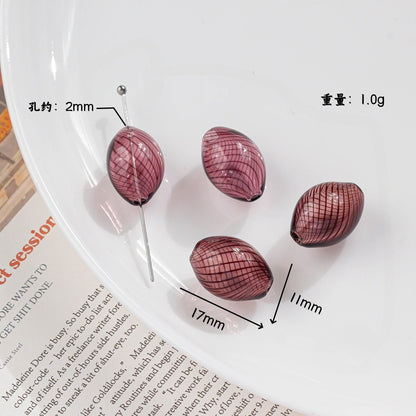 Vintage Pattern Olive Shaped Blown Glass Beads Handmade 4pcs 7