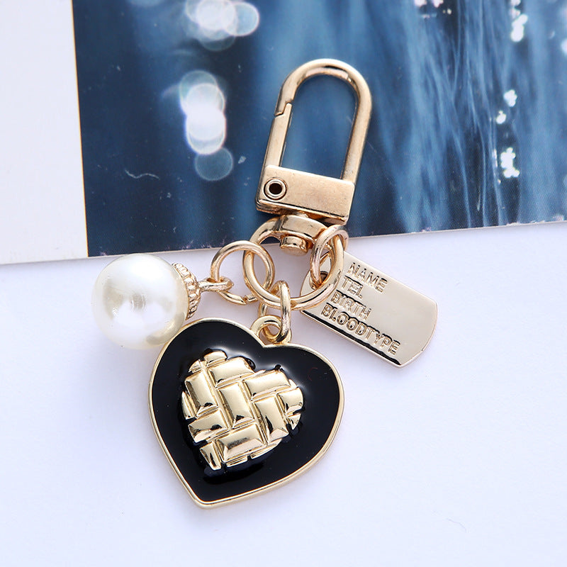 Metal Alloy Heart Keychain Enamel Finish Woven Gold Tone Pearl Detail 6