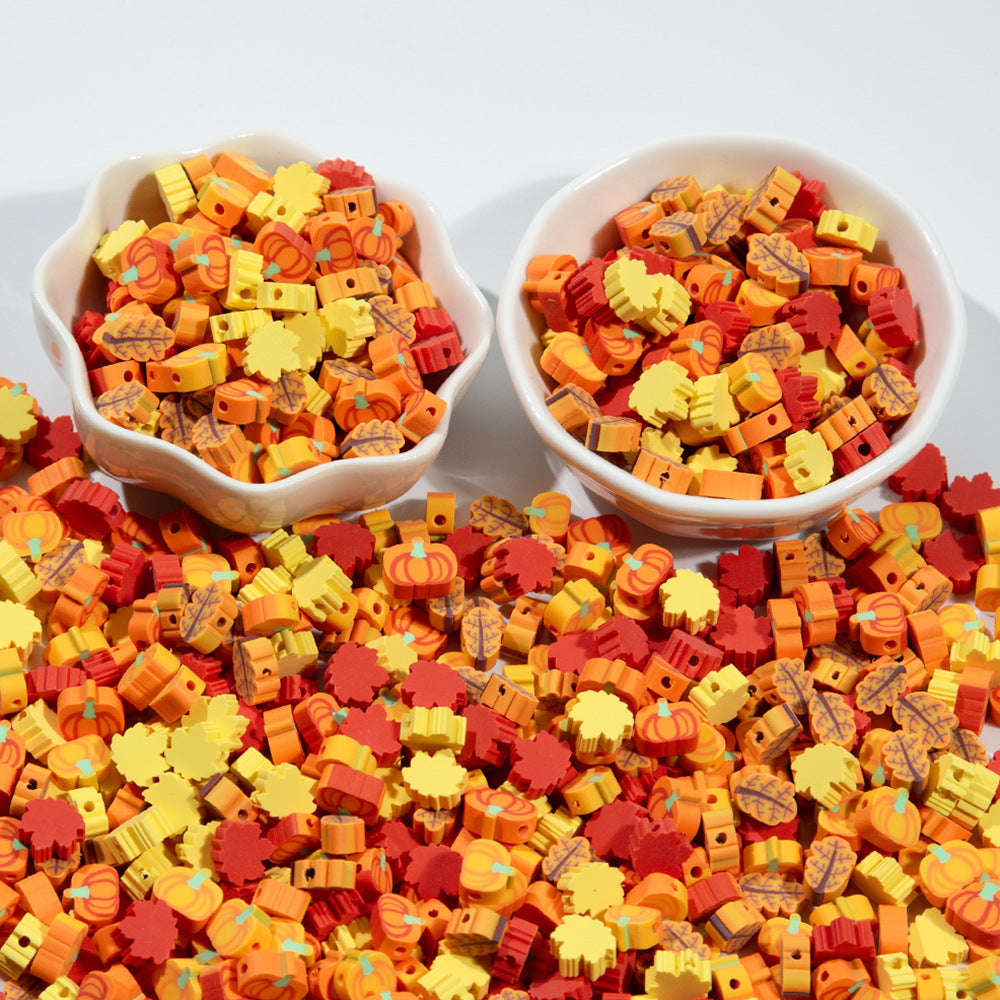 Thanksgiving Clay Beads Pumpkin Leaf Shapes Polymer 100pcs