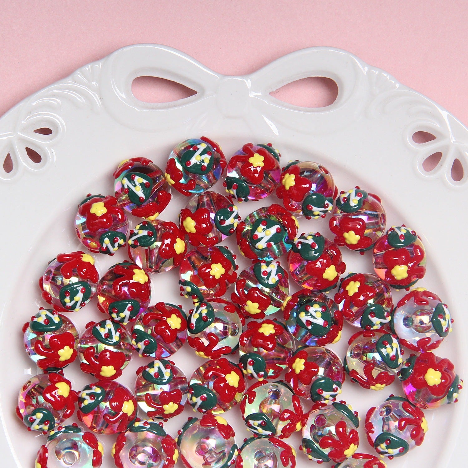 Hand Painted Christmas Tree Snowflake Acrylic Beads 18mm Festive 10pcs 5