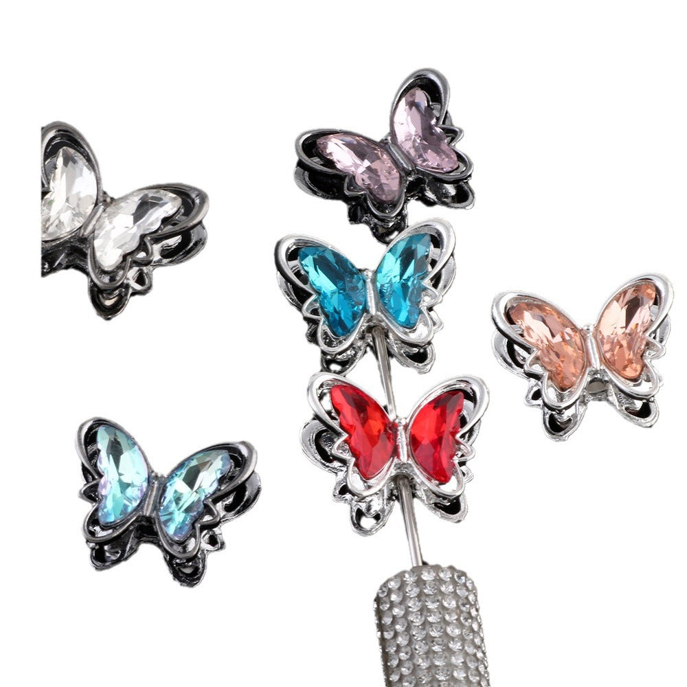 Butterfly Metal Beads 26mm Double-Sided Crystal Glass Embedded 3pcs 5