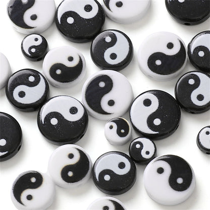Tai Chi Flat Acrylic Beads 7-13mm Black White Color Printing 5pcs