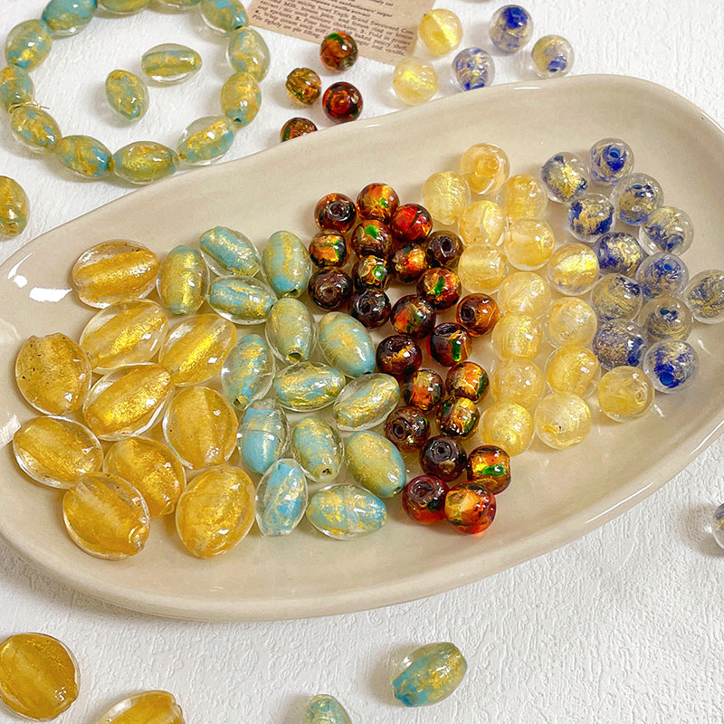 Lampwork Glass Beads Olive Shaped Vintage Gold Foil Filled 1pc