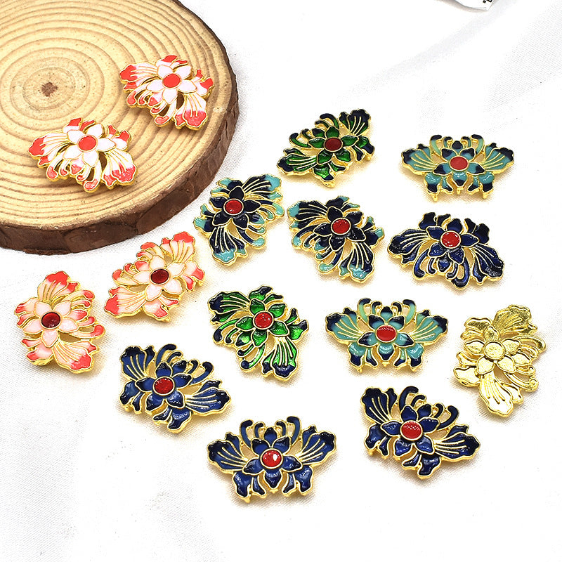 Fringed Iris Flower Metal Beads 28mm Cloisonne Enamel Zinc Alloy 10pcs