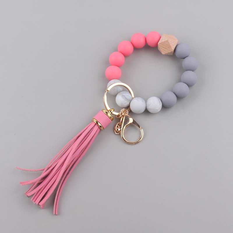 Silicone Beaded Wristlet Keychain with Leather PU Tassel in Pastel Colors 8