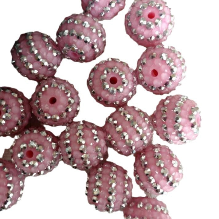 Rhinestone Bubblegum Beads 16-22mm Pink Silver Striped Resin 5pcs 3