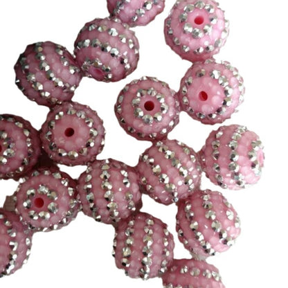 Rhinestone Bubblegum Beads 16-22mm Pink Silver Striped Resin 5pcs 3