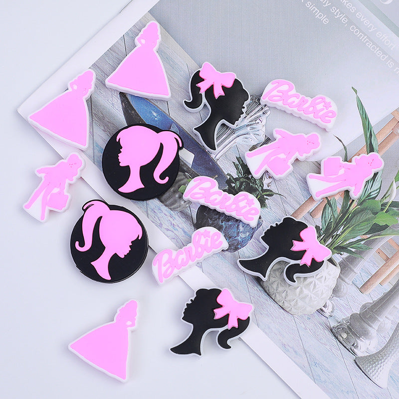 Silicone Focal Beads Barbie Pink Ponytail Circle Badge 20pcs 3