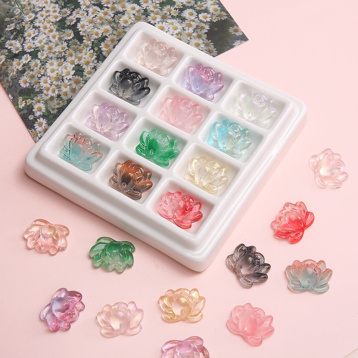 Lotus Transparent Glass Beads 16x21mm Pastel Colors 5pcs 4