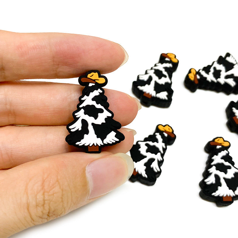 Silicone Focal Beads Christmas Tree Cow Print with Mustard Star 20pcs 5