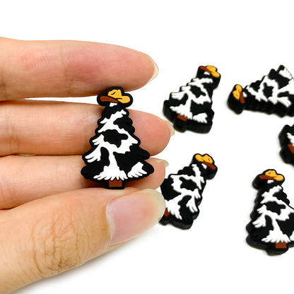 Silicone Focal Beads Christmas Tree Cow Print with Mustard Star 20pcs 5