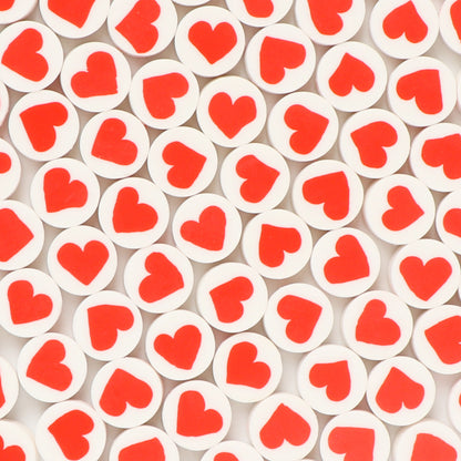 Flat Round Clay Beads 10mm Red Heart Pattern Polymer 100pcs 6